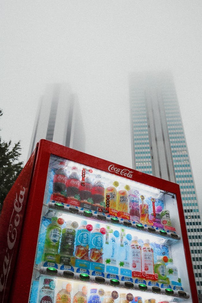 Photo of a Coca-Cola vending machine amidst foggy skyscrapers in Japan.